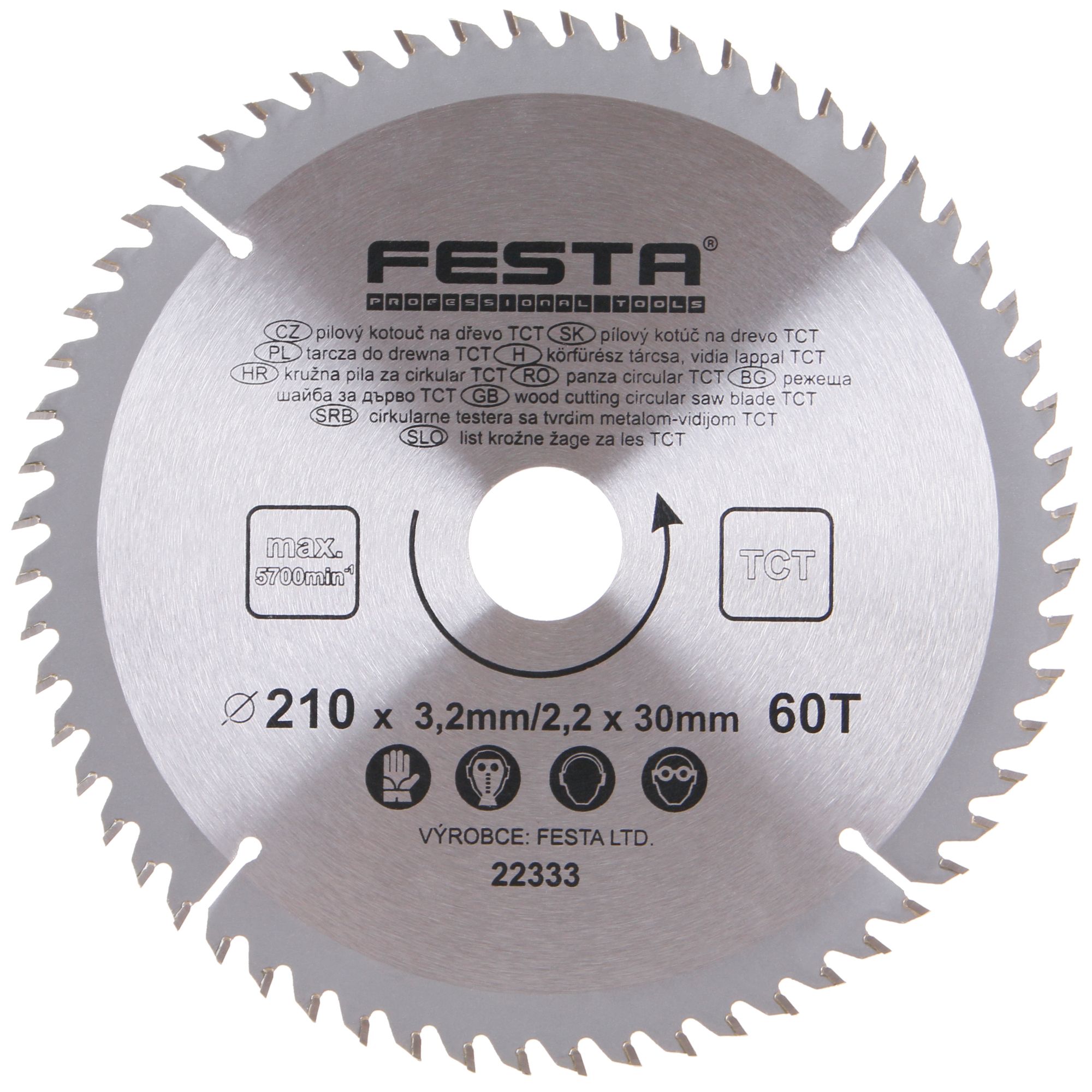 FESTA 22333 Kotouč pilový, na dřevo, 210mm, 60 zubů, 30/20mm, 3,2mm, TCT