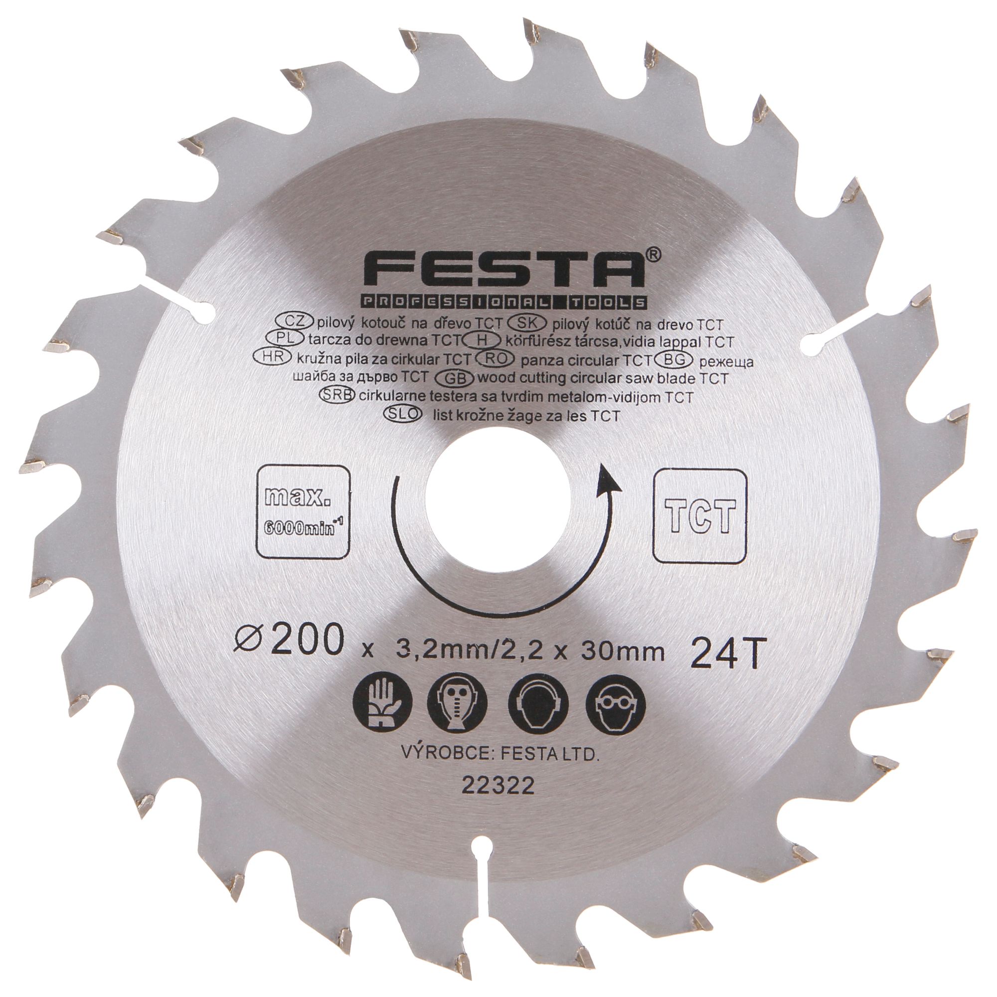 FESTA 22322 Kotouč pilový, na dřevo, 200mm, 24 zubů, 30/20mm, 3,2mm, TCT