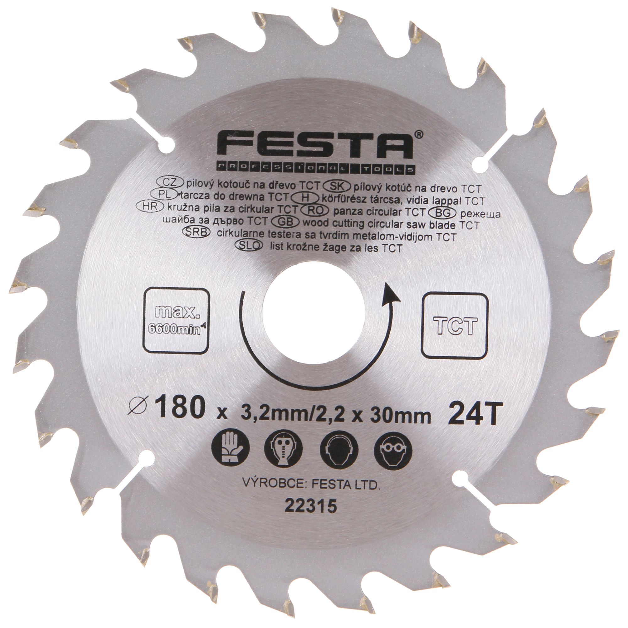 FESTA 22315 Kotouč pilový, na dřevo, 180mm, 24 zubů, 30/20mm, 3,2mm, TCT