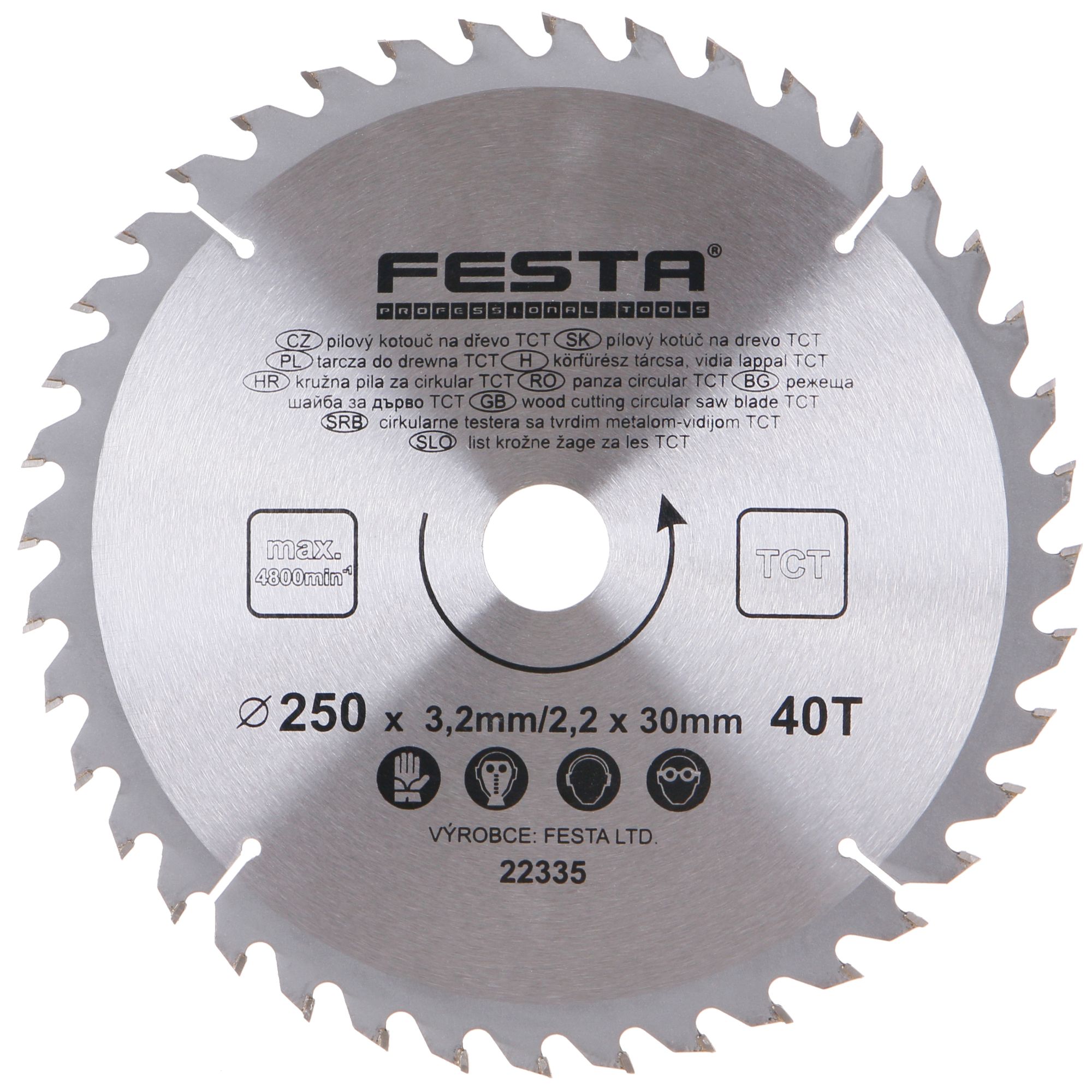 FESTA 22335 Kotouč pilový, na dřevo, 250mm, 40 zubů, 30/20mm, 3,2mm, TCT