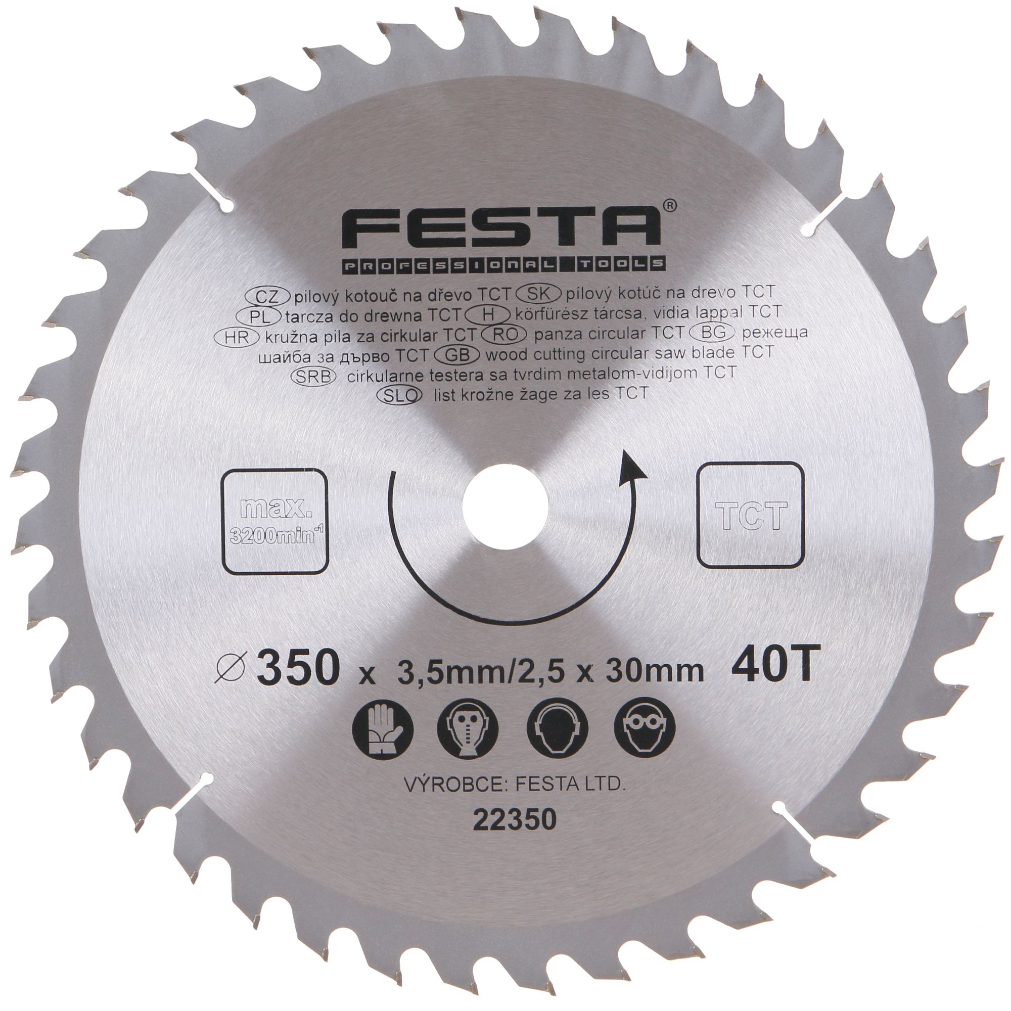FESTA 22350 Kotouč pilový, na dřevo, 350mm, 40 zubů, 30mm, 3,5mm, TCT