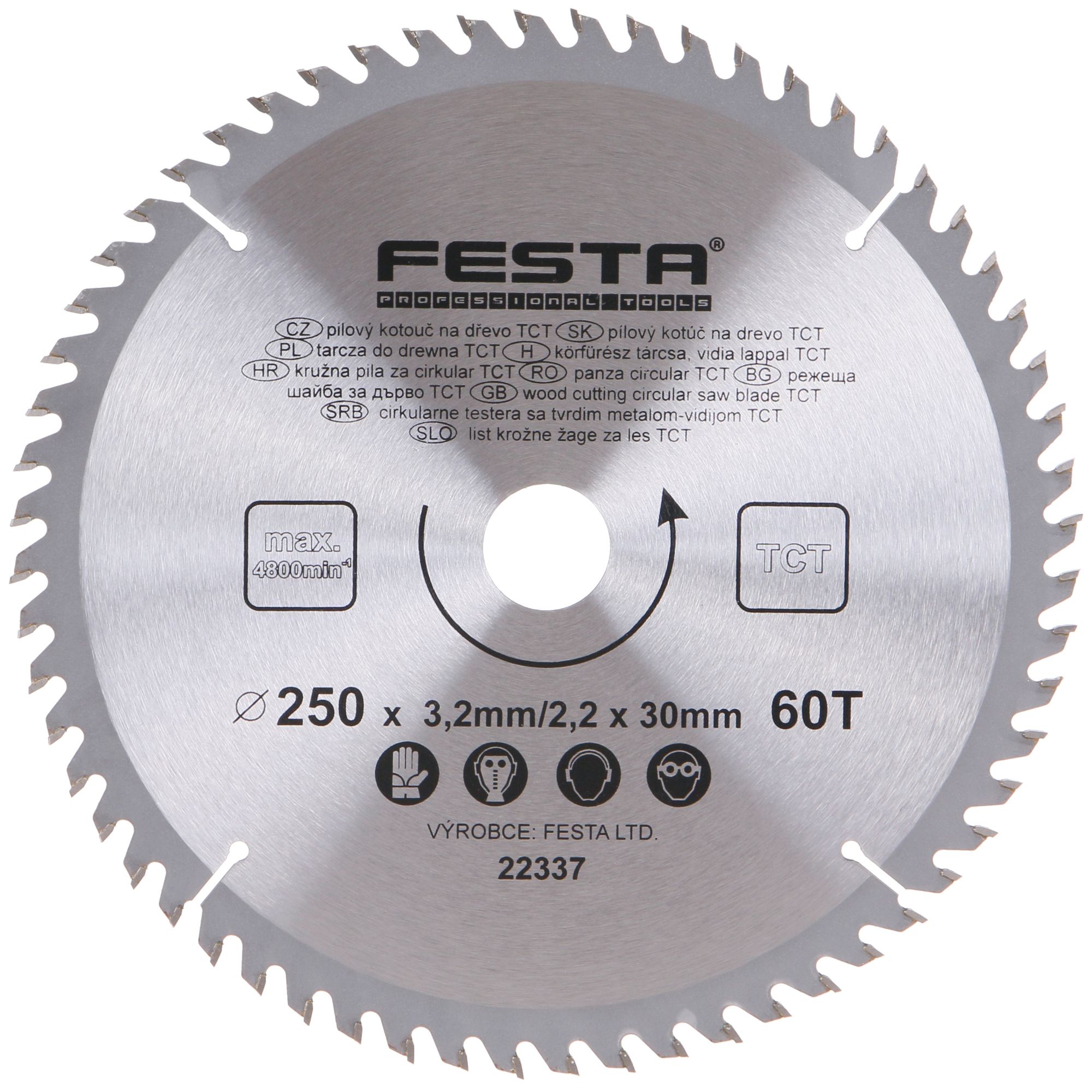 FESTA 22337 Kotouč pilový, na dřevo, 250mm, 60 zubů, 30/20mm, 3,2mm, TCT