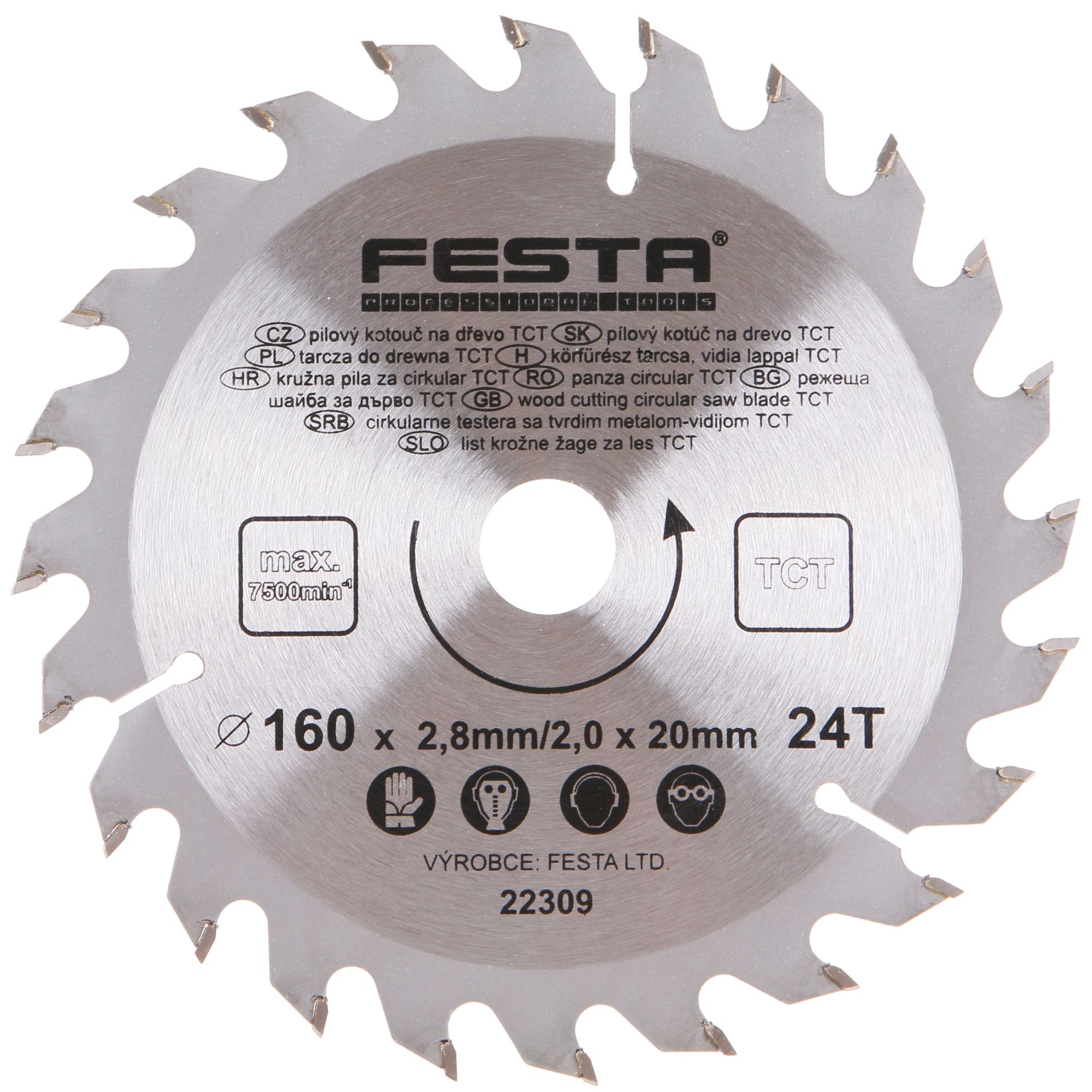 FESTA 22309 Kotouč pilový, na dřevo, 160mm, 24 zubů, 20/16mm, 2,8mm, TCT
