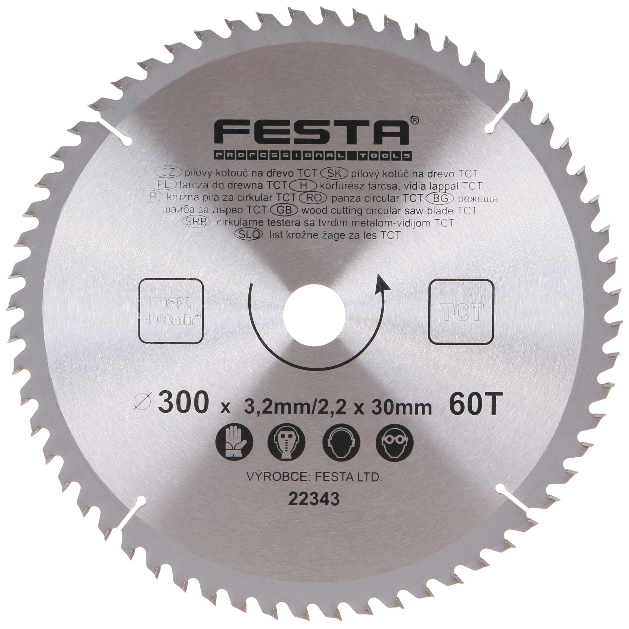 FESTA 22343 Kotouč pilový, na dřevo, 300mm, 60 zubů, 30/20mm, 3,2mm, TCT
