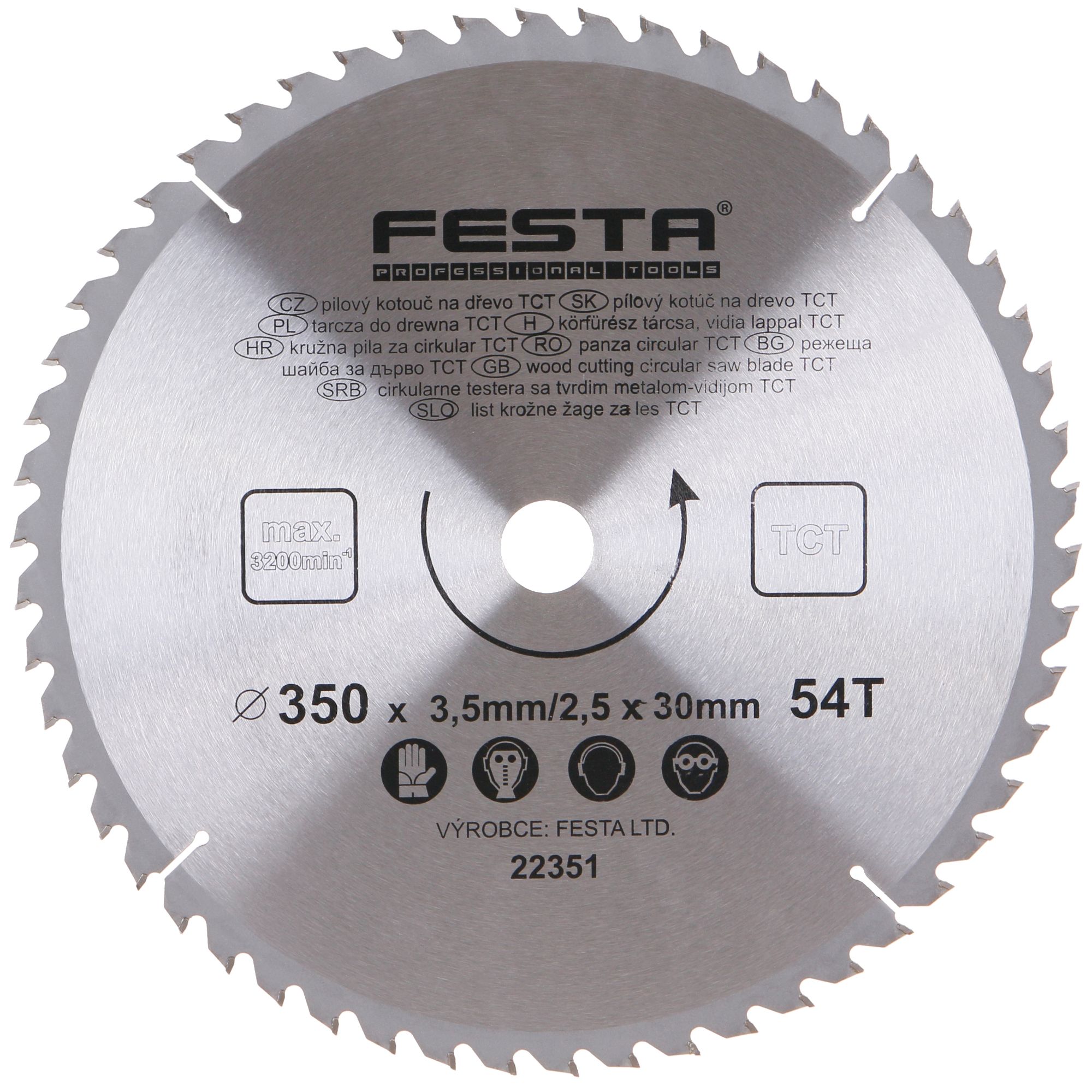 FESTA 22351 Kotouč pilový, na dřevo, 350mm, 54 zubů, 30mm, 3,5mm, TCT