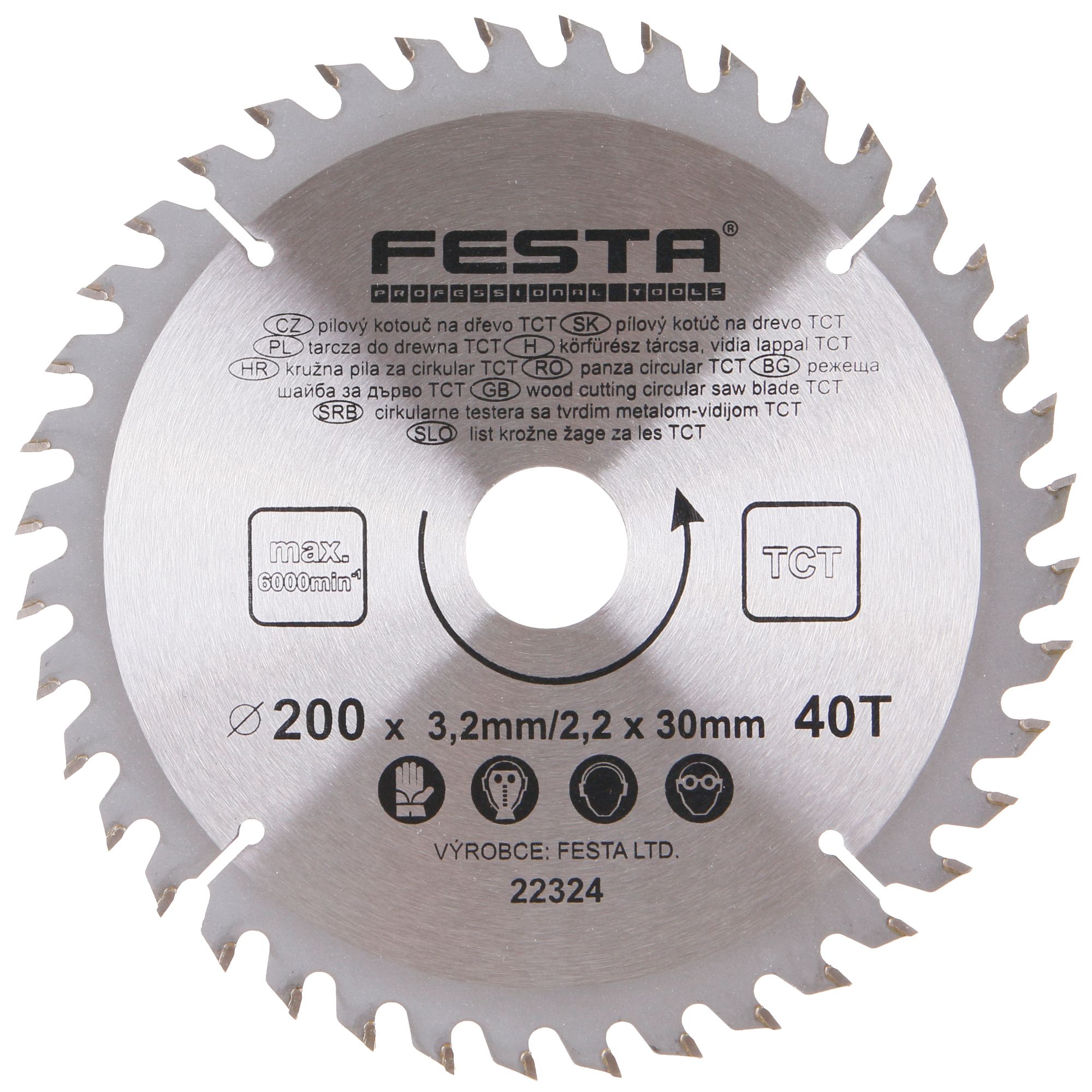 FESTA 22324 Kotouč pilový, na dřevo, 200mm, 40 zubů, 30/20mm, 3,2mm, TCT