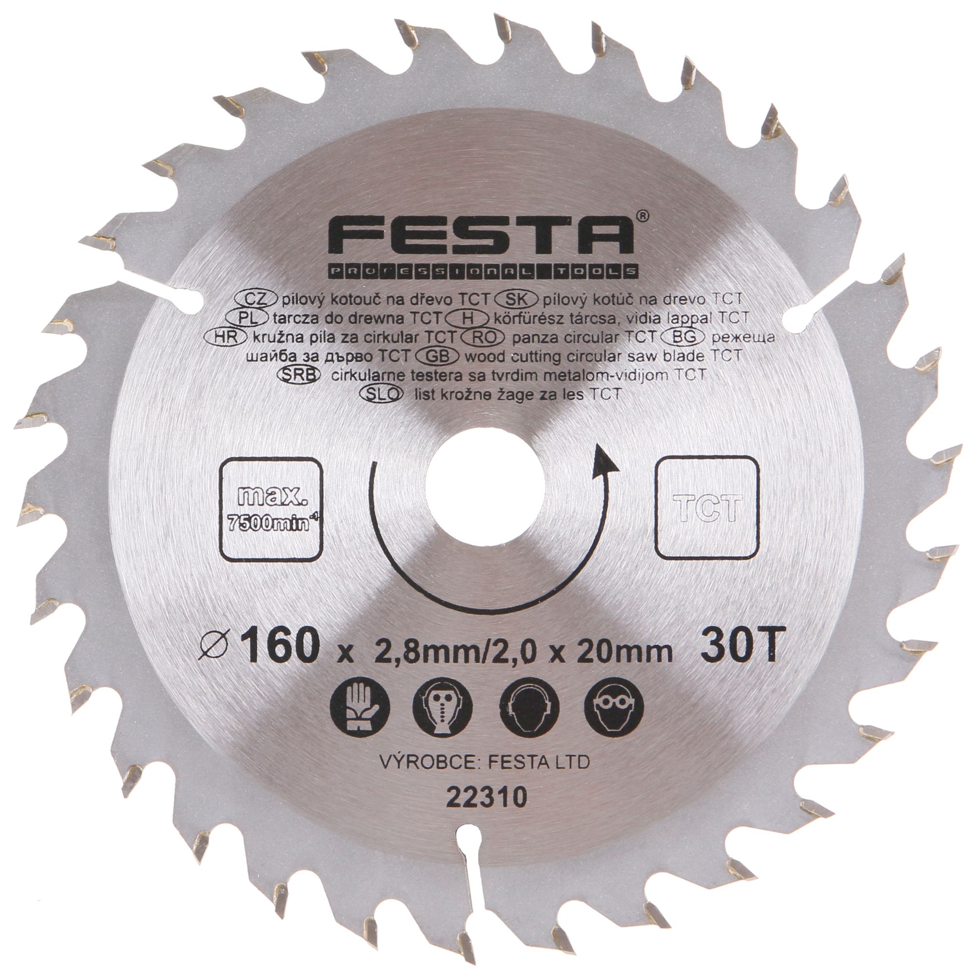 FESTA 22310 Kotouč pilový, na dřevo, 160mm, 30 zubů, 20/16mm, 2,8mm, TCT