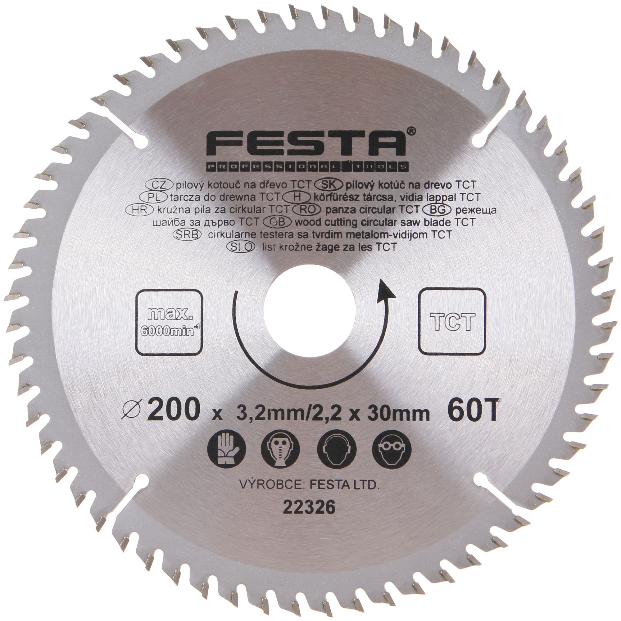 FESTA 22326 Kotouč pilový, na dřevo, 200mm, 60 zubů, 30/20mm, 3,2mm, TCT