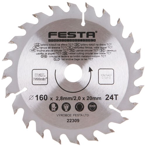 Kotou pilov, na devo, 160mm, 24 zub, 20/16mm, 2,8mm, TCT, FESTA