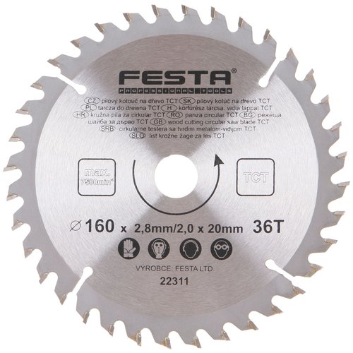 Kotou pilov, na devo, 160mm, 36 zub, 20/16mm, 2,8mm, TCT, FESTA