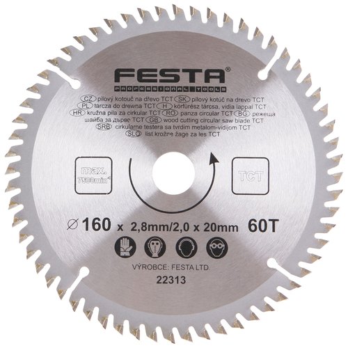 Kotou pilov, na devo, 160mm, 60 zub, 20/16mm, 2,8mm, TCT, FESTA